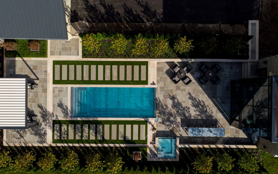 Arial view of church backyard & pool